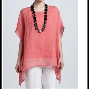 EILEEN FISHER oversized Linen Poncho top /  Coral white strips / size Med